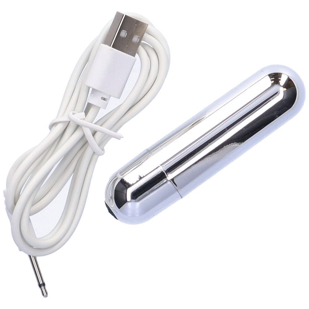 Bird's eye view of silver Rechargeable Multi-speed Bullet Vibe with charging cord.
