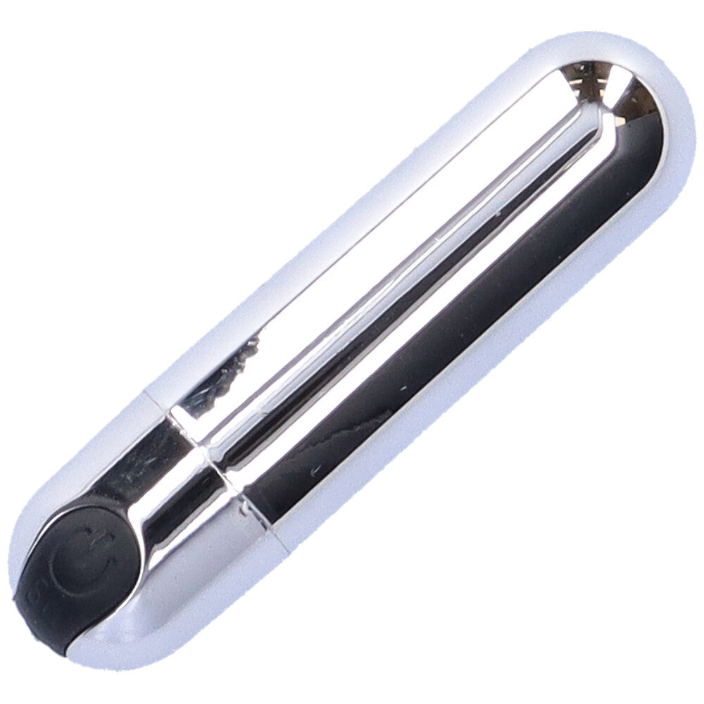 Bird's eye view of silver Rechargeable Multi-speed Bullet Vibe with power button at the base.