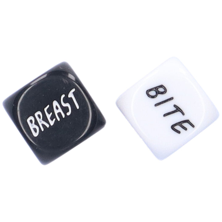 A pair of black and white foreplay dice with “bite”  showing on one die and “breast” showing on the other.