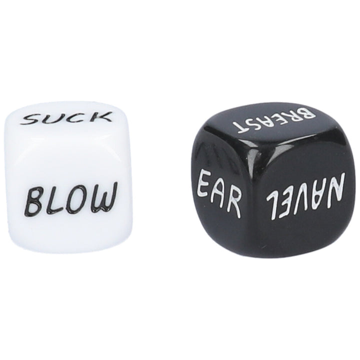 A pair of black and white foreplay dice with “blow” and “suck” showing on one die and “ear”, “navel”, and “breast” showing on the other.