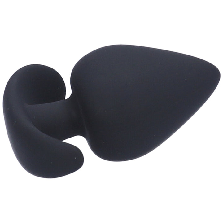 Side view of small black silicone anal plug with a tapered tip and flared base.