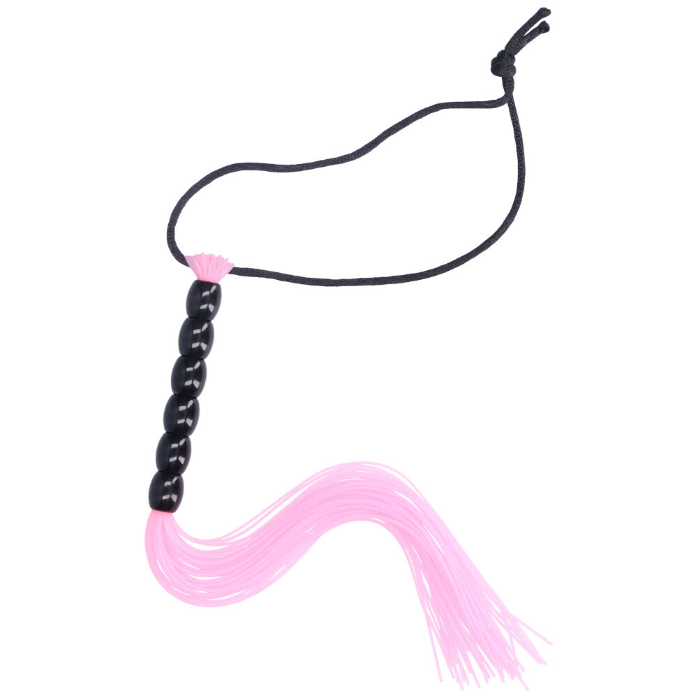 Closer view of pink flogger with black beaded handle.