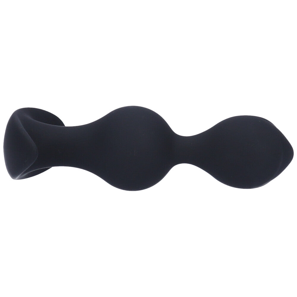 Side view of black silicone bulbed anal plug.