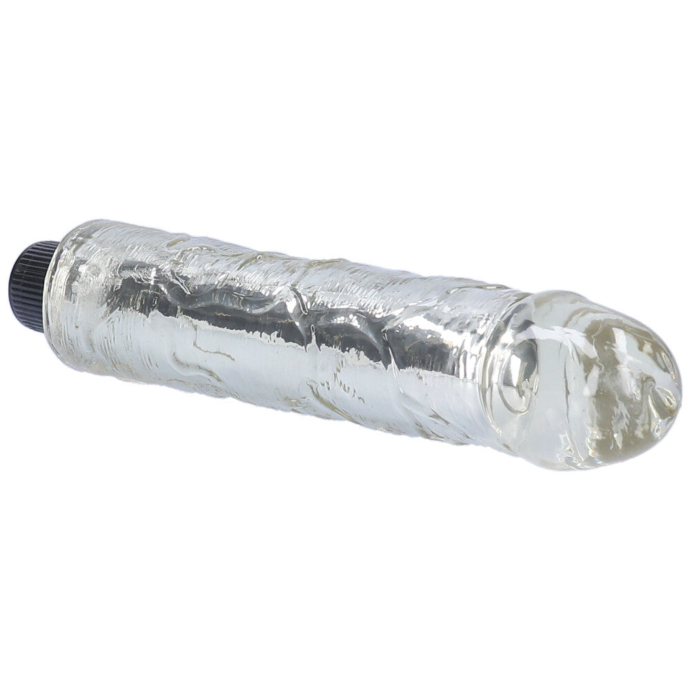 Close-up view of clear 8" vibrating dildo's tip and veiny shaft.