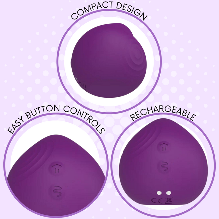 Purple suction vibe with 3 close-up shots showing its compact design, its easy button controls, and its charging port.