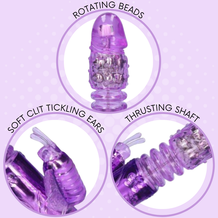 3 different close-up views of the purple dual-action vibrator showing that it has rotating beads, soft clit tickling ears, and a thrusting shaft.