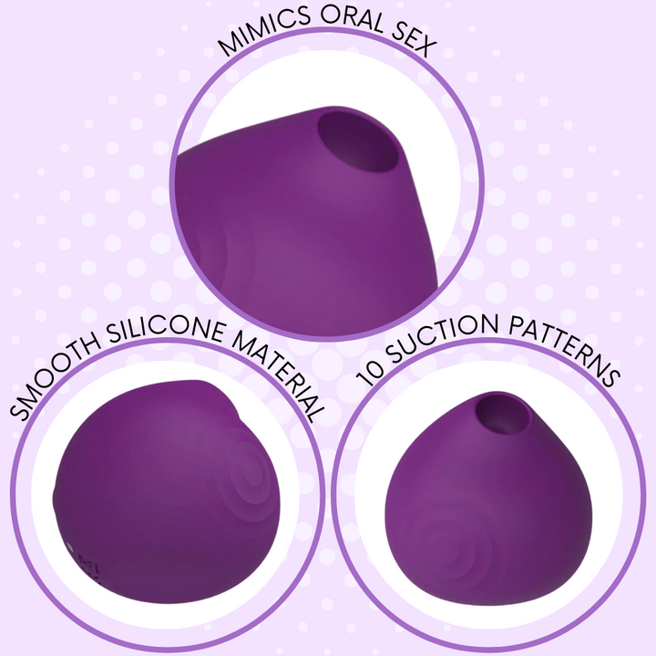 3 shots of purple suction vibe at various angles. It mimics oral sex, is made of a smooth silicone material, and has 10 suction patterns.