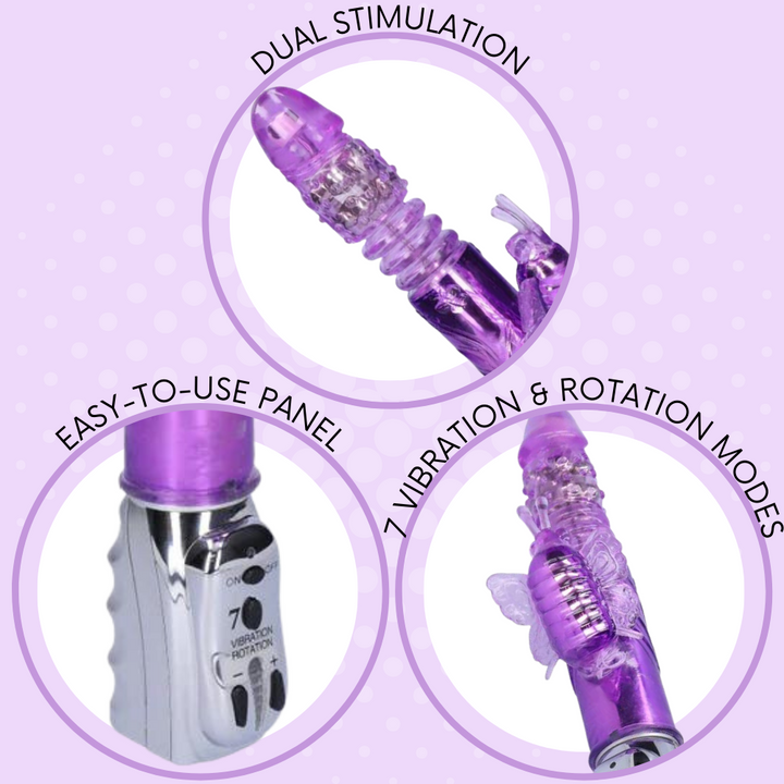 3 different close-up views of the purple dual-action vibrator showing that it has an easy-to-use panel, 7 vibration and rotation modes, and that it's good for dual stimulation!