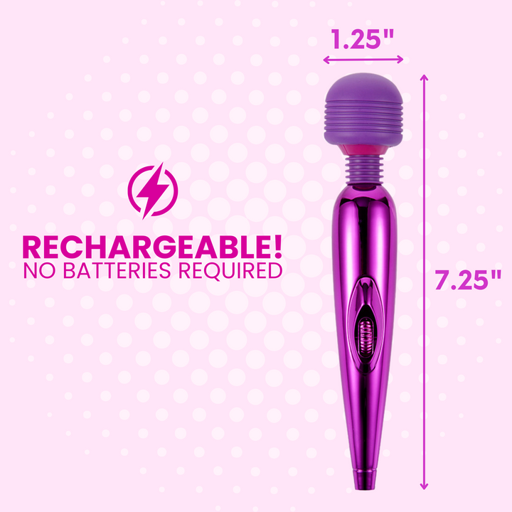 Rechargeable (no batteries required) 1.25 inches wide, 7.25 inches tall. 