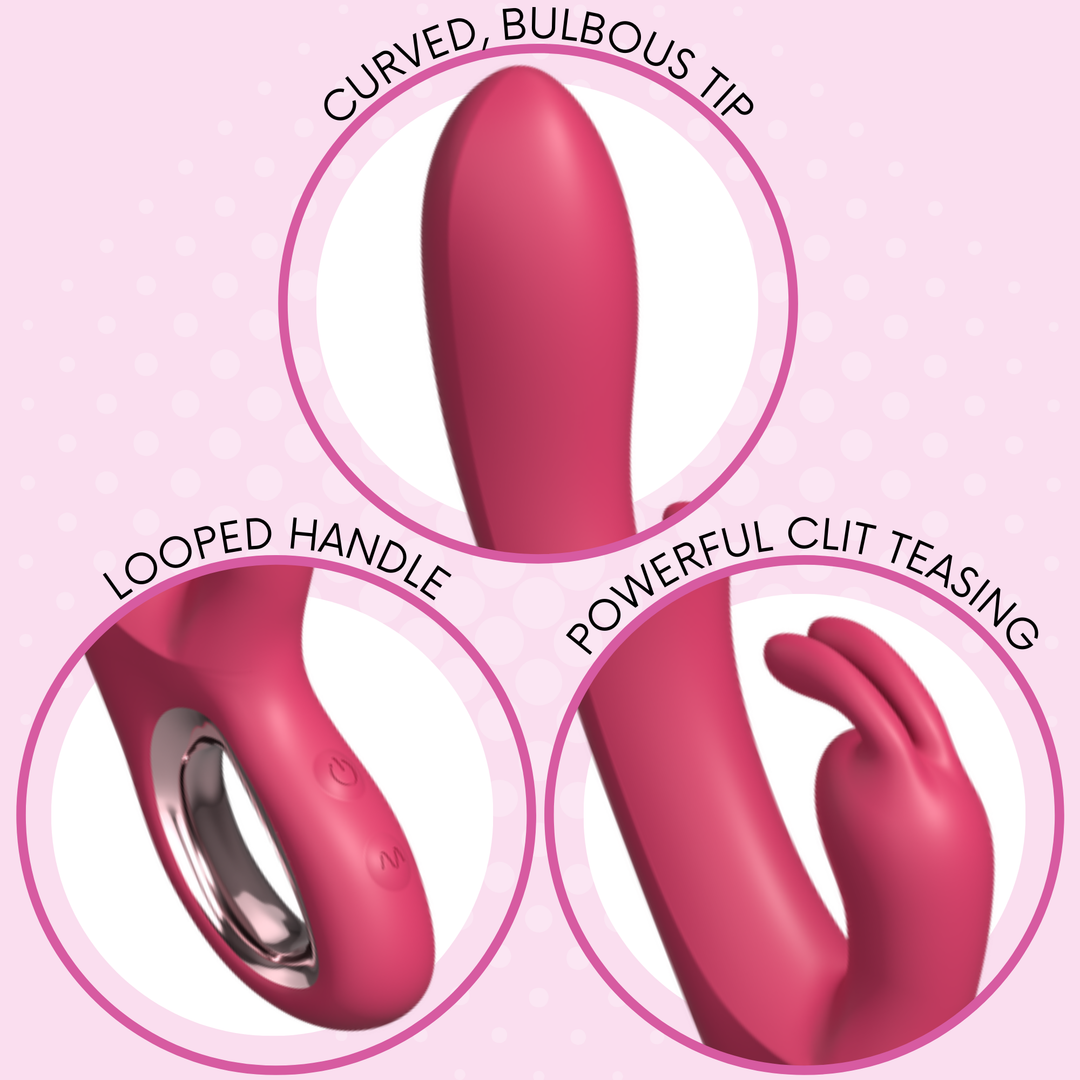 Curved, bulbous tip, looped handle, powerful clit teasing.