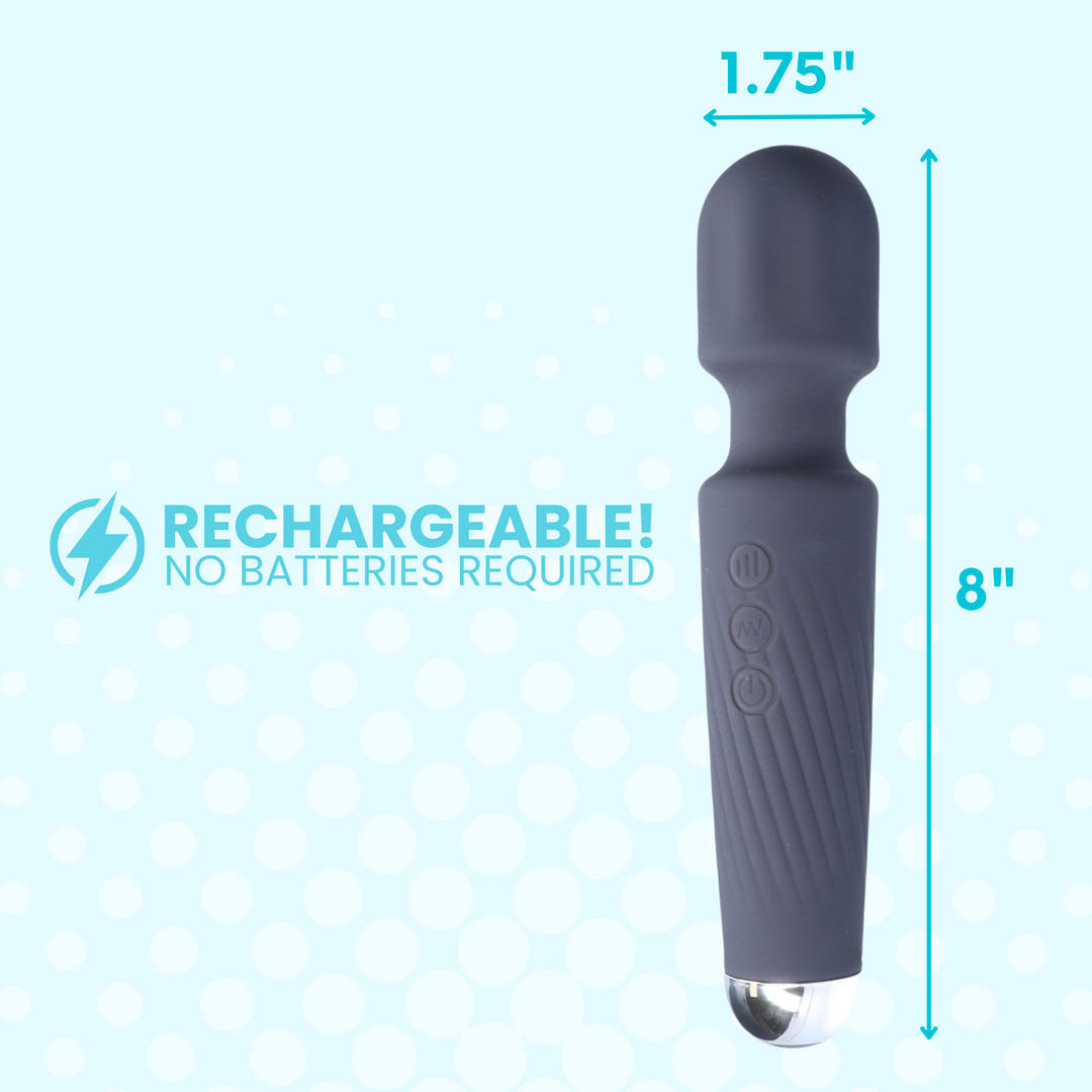 This toy is 100 percent rechargeable! No batteries required. 1.75 inches wide, 8 inches tall