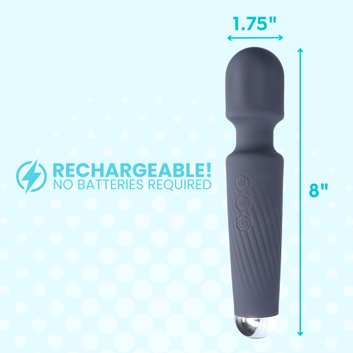 This toy is 100 percent rechargeable! No batteries required. 1.75 inches wide, 8 inches tall