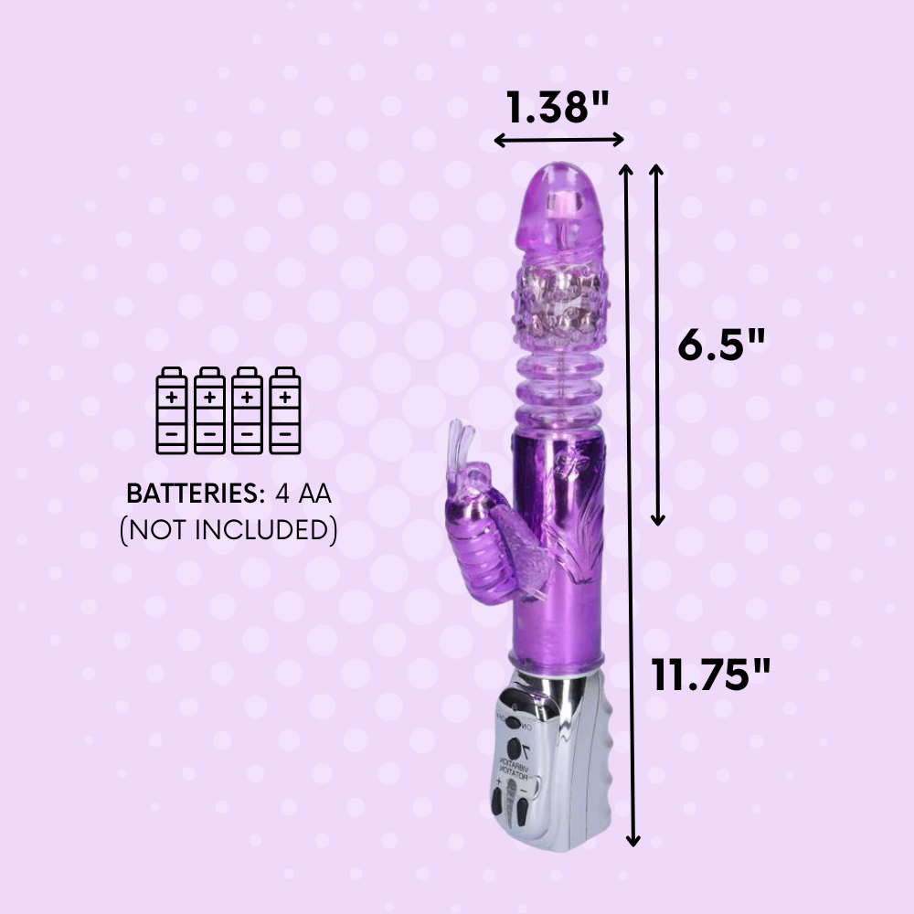 The dimensions of this vibrator are 1.38" diameter, 6.5" insertable length, and 11.75" total length. It takes 4 AA batteries that are not included.