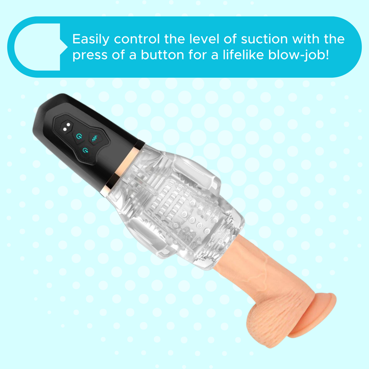 The sucking and vibrating masturbator shown on a dildo. Easily control the level of suction with the press of a button for a lifelike blow-job!
