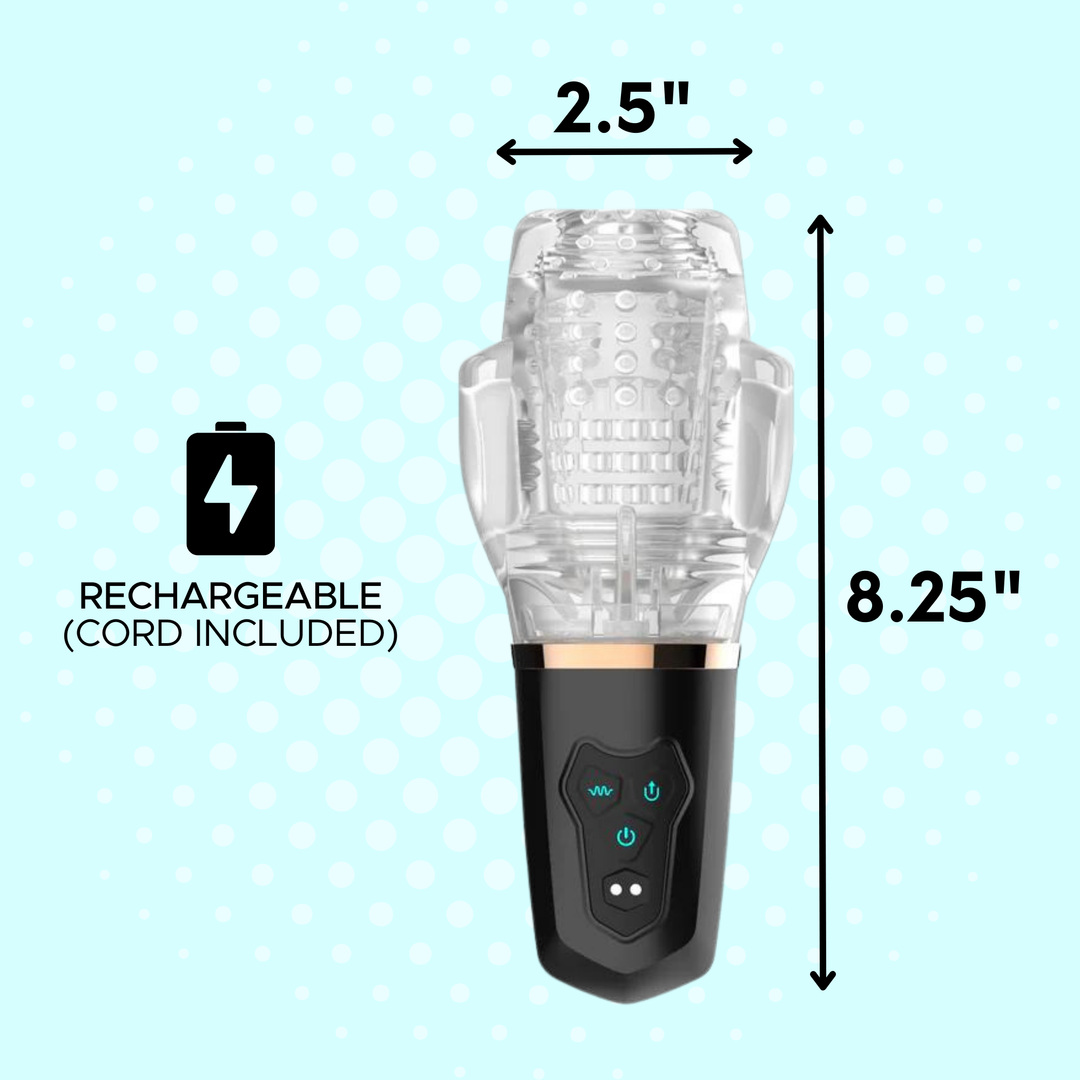 The dimensions of the masturbator is 2.5 inch in diameter and 8.25 inches in length. It is rechargeable with the cord included.