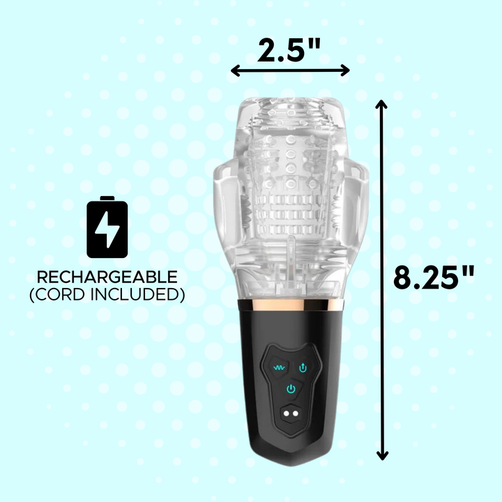 The dimensions of the masturbator is 2.5 inch in diameter and 8.25 inches in length. It is rechargeable with the cord included.