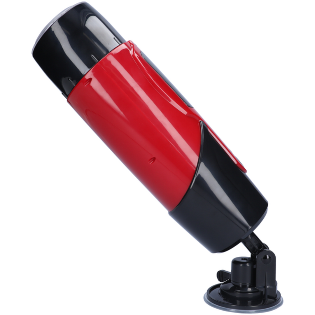 Front view red and black male masturbator on suction cup stand