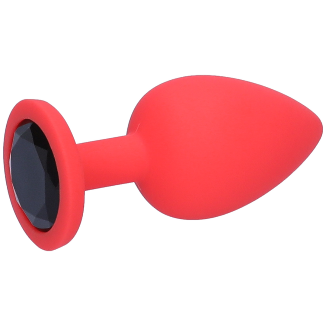 Red silicone butt plug with black jewel side view