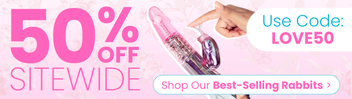 Promotional adult toy banner with 50% off sitewide offer and a product image on a pink background.