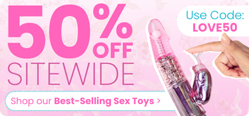 Promotional banner for 50% off site-wide sale on sex toys with a hand holding two pink toys.