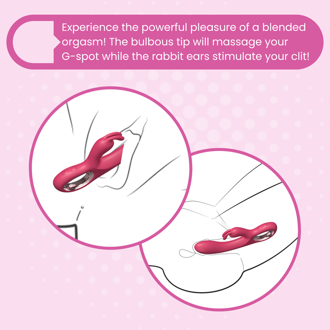 Experience the powerful pleasure of a blended orgasm! The bulbous tip will massage your
G-spot while the rabbit ears stimulate your clit!