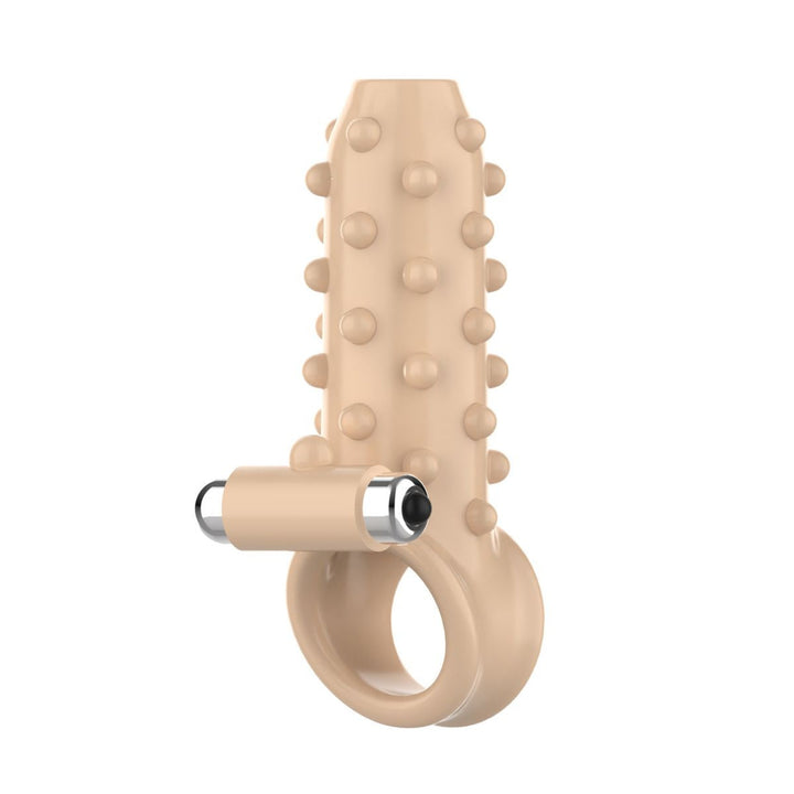Height view of beige vibrating studded girth extender