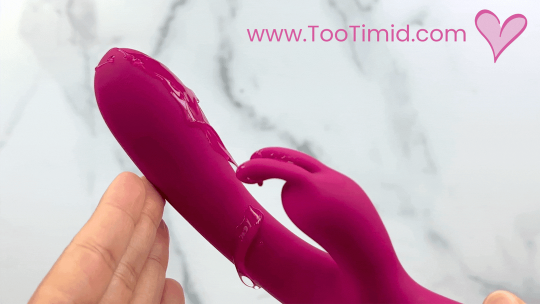 GIF: lube vibrating on red rabbit toy
