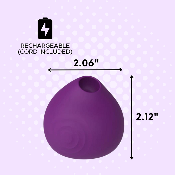 Dimensions of purple suction vibe is 2.06" in diameter and 2.12" in length. It is rechargeable with the cord included.