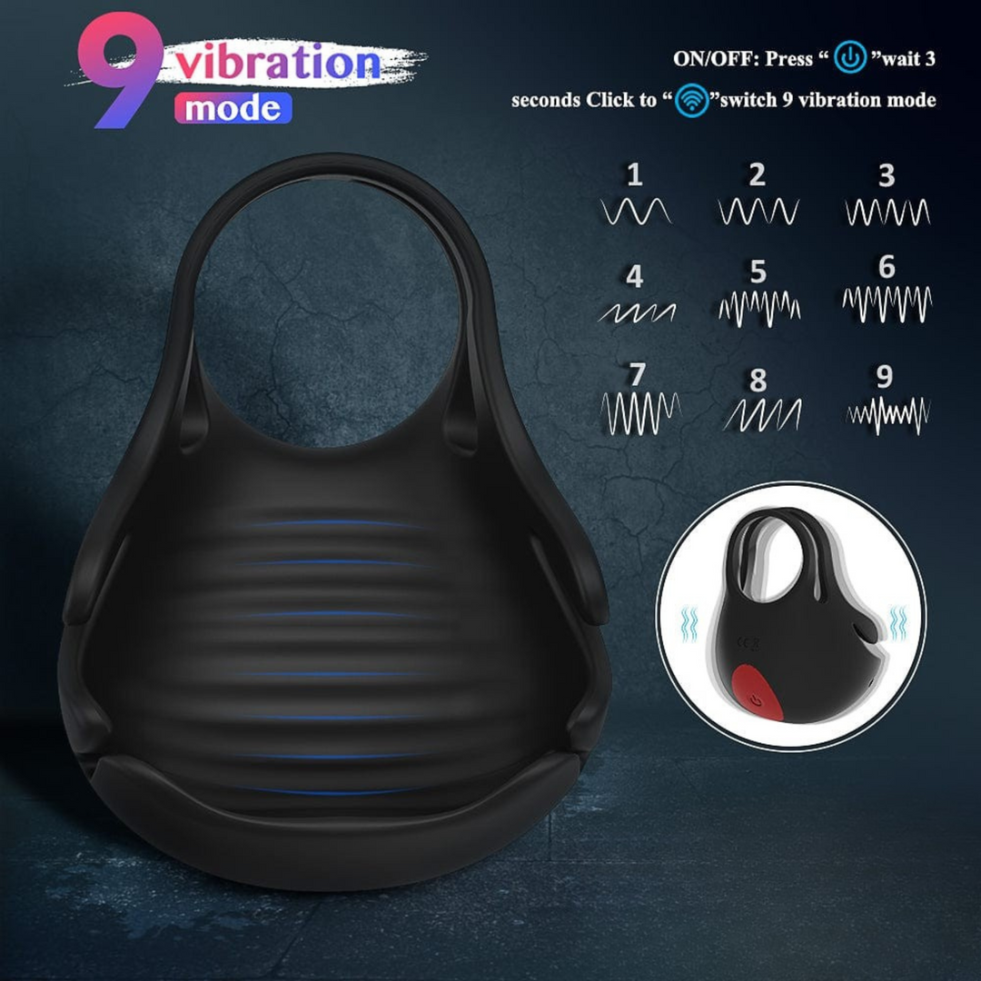 Dual cock ring and ball vibrator has 9 vibration modes.