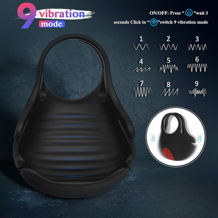 Dual cock ring and ball vibrator has 9 vibration modes.