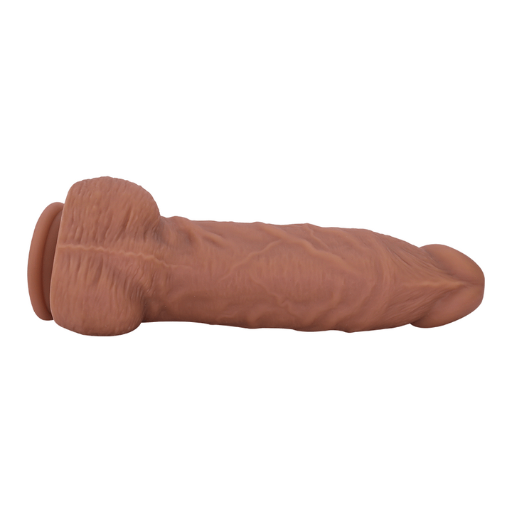 Extra Thick Brown Silicone Dildo view of the item lying on it's side. 