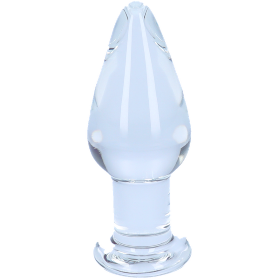 Front view of tapered clear glass anal plug