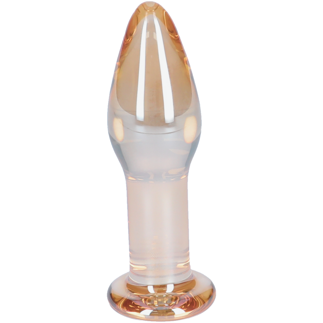 Length view of amber glass tapered anal plug