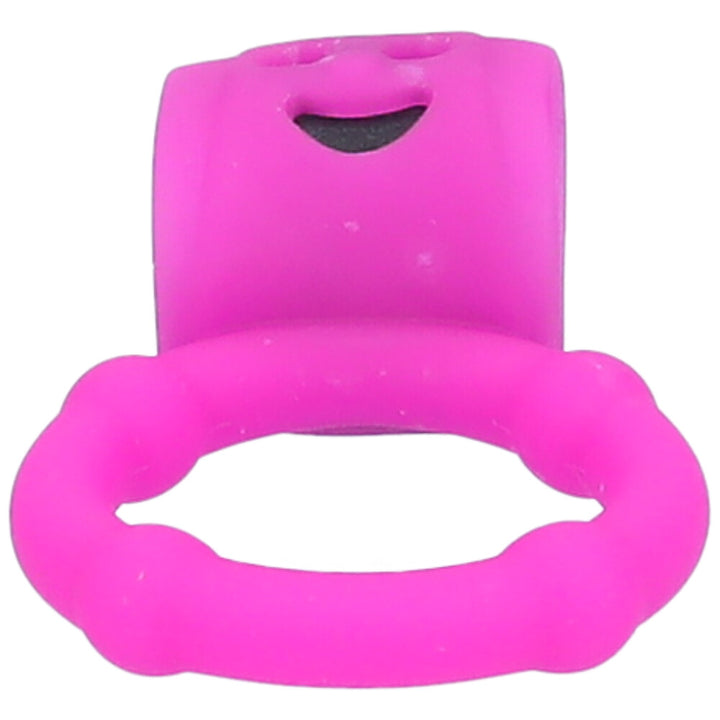 Front view of hot pink vibrating cock ring with bunny ears and a happy face made of negative space.