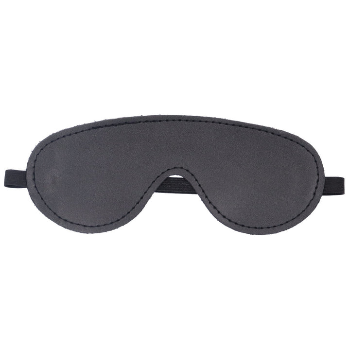 Front view of black faux leather blindfold.