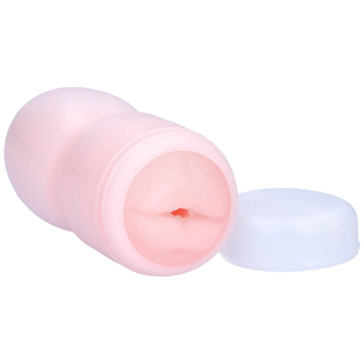 Angled front view of mouth masturbator cup with cap
