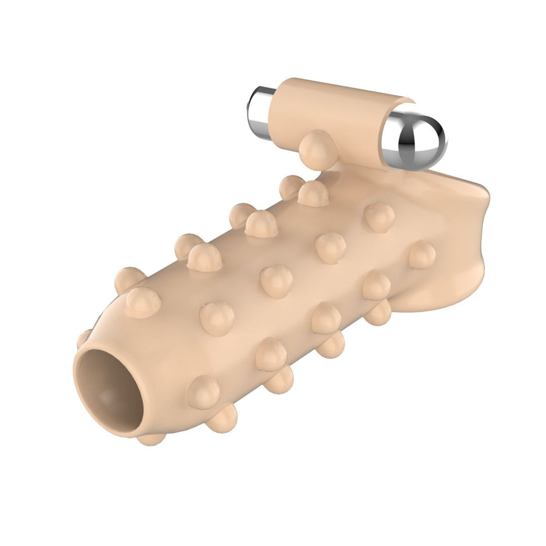 Front view of beige vibrating studded girth extender