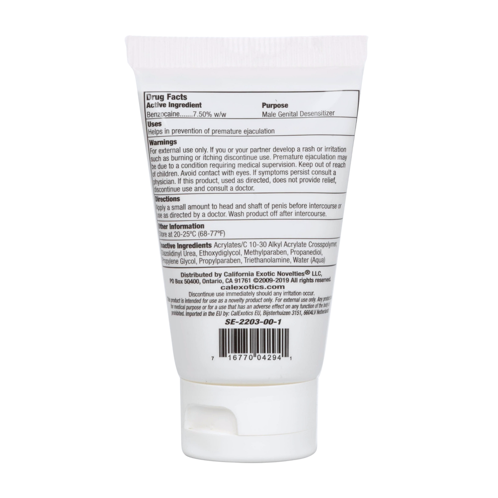 Back label of a white tube with text and a barcode on a white background