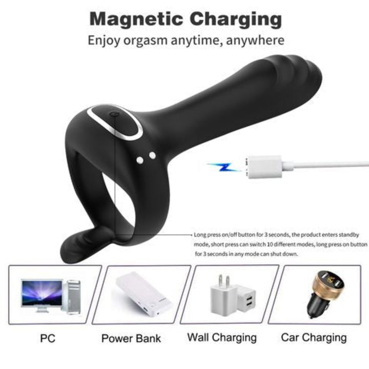 side view of vibrating couple's cock ring with magnetic charger