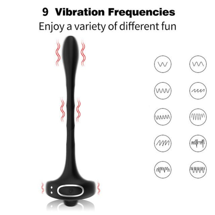 length view of black vibrating cock ring with prostate stimulator 