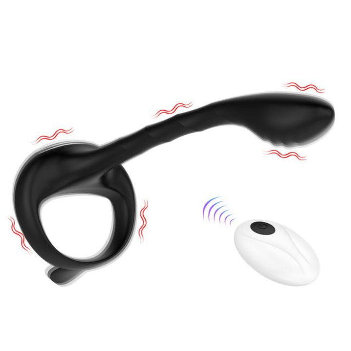 side view of black vibrating cock ring with prostate stimulator and white remote