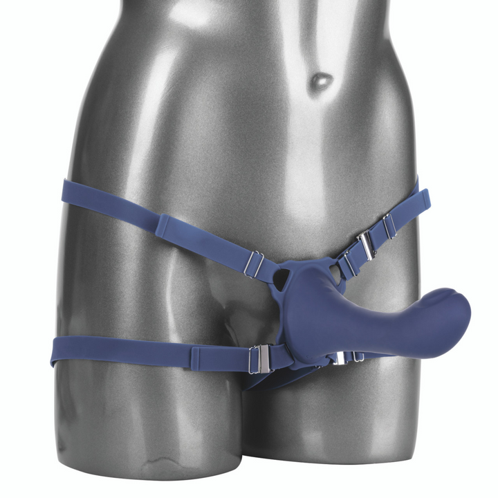 Her Royal Harness ME2 Thumper Strap-On with Silicone Rechargeable Dildo image of harness on hips.