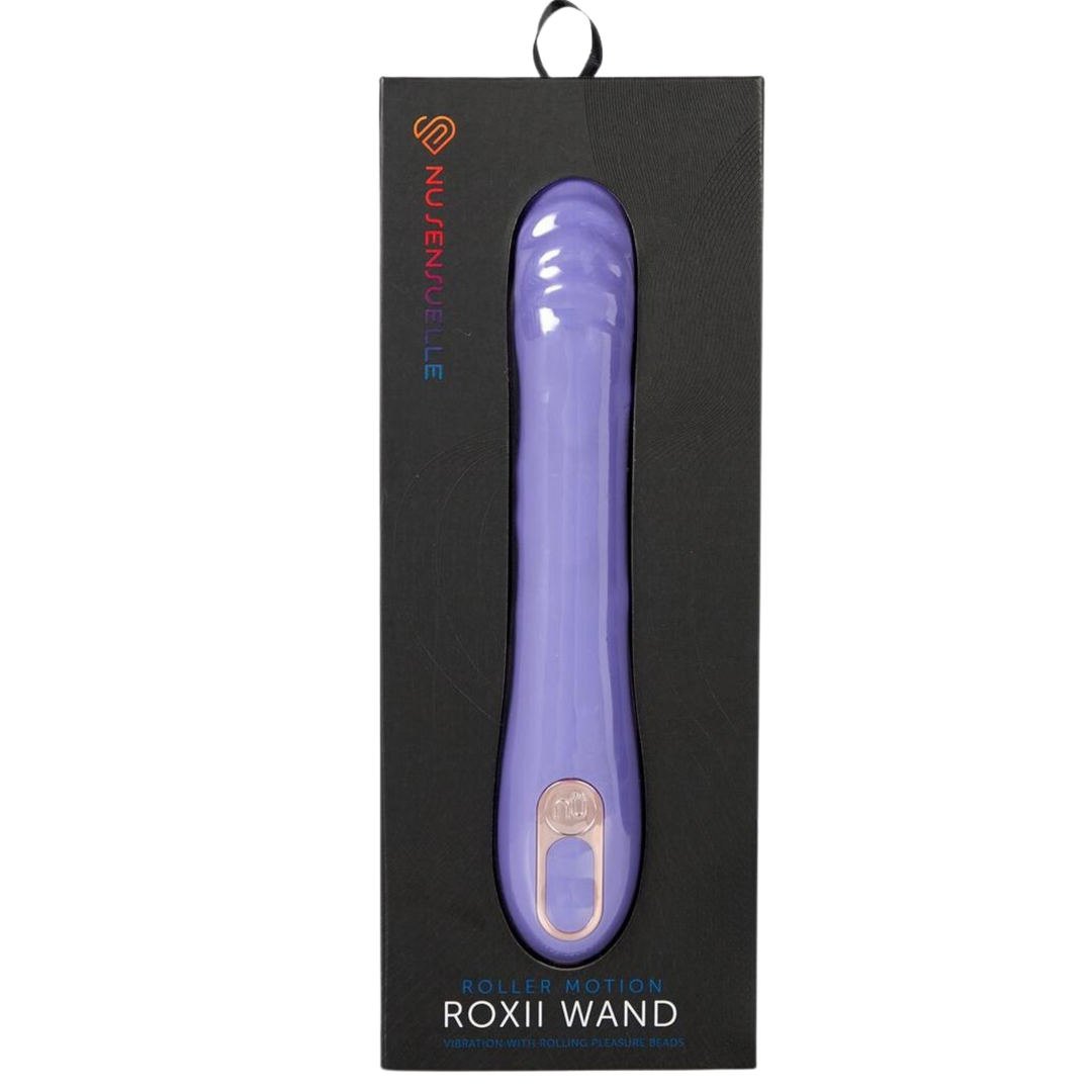 Nu Sensuelle Roxii Rechargeable Silicone Wand with Roller Motion  front of product packaging.
