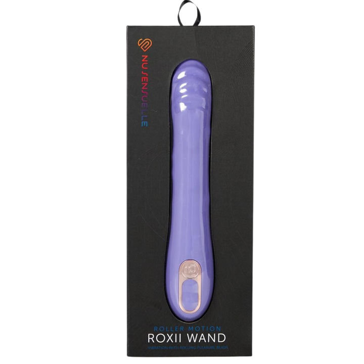 Nu Sensuelle Roxii Rechargeable Silicone Wand with Roller Motion  front of product packaging.