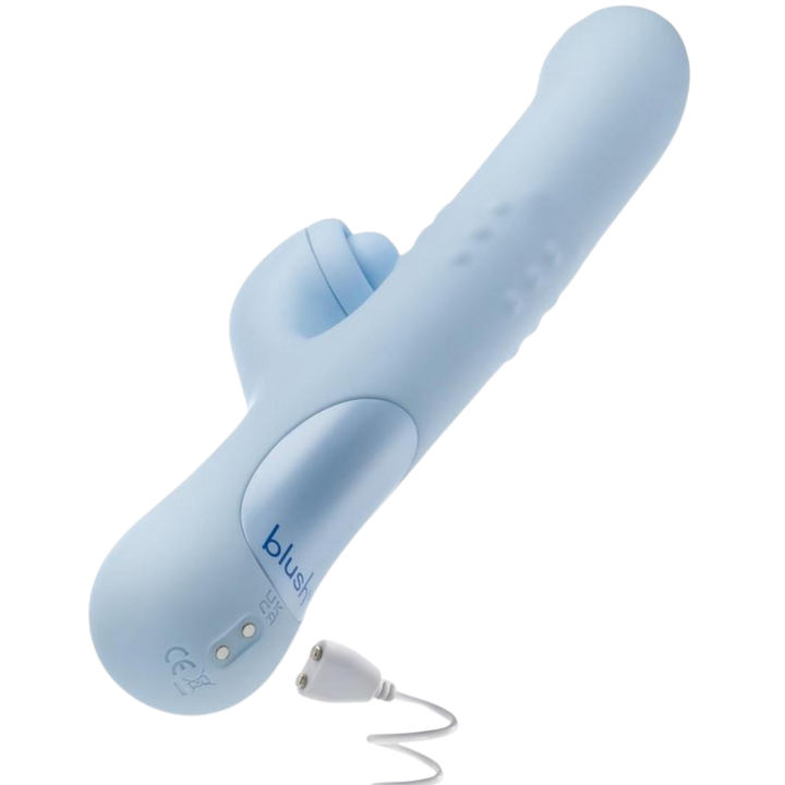 Blush Devin Rechargeable Silicone Rabbit Vibrator image showing where the magnetic charger connects to the bottom back of the toy.