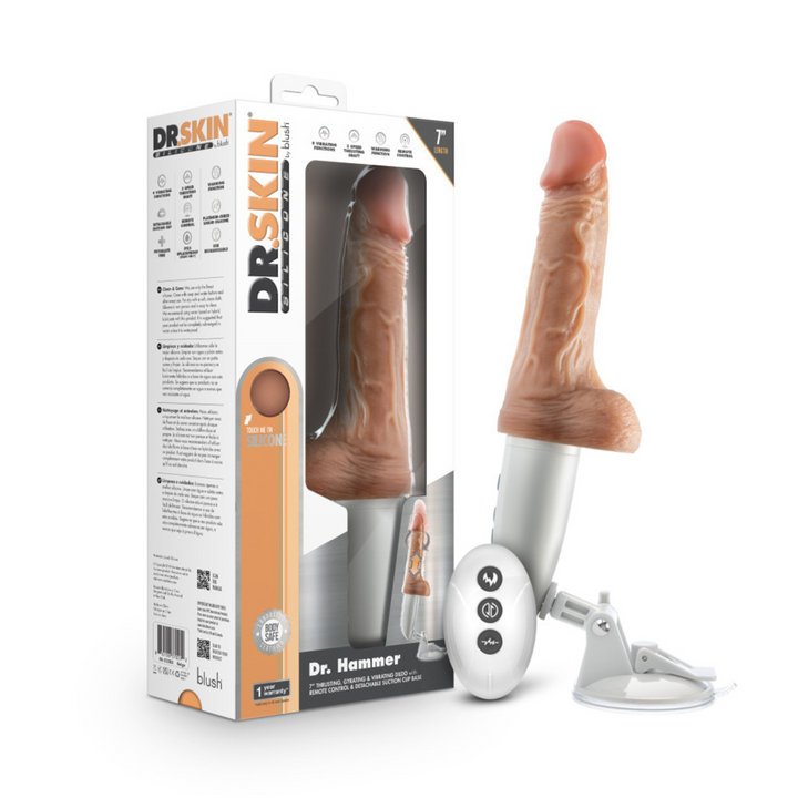 Dr. Hammer Rechargeable Thrusting Dildo with Handle and Remote Control product package image.