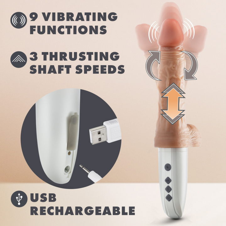 Dr. Hammer Rechargeable Thrusting Dildo with Handle and Remote Control image showing where the charger plugs in the base of the product