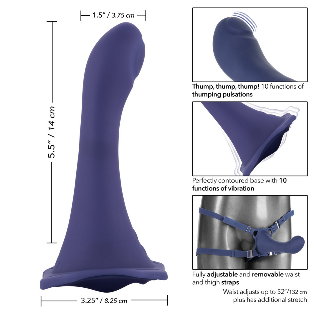 Her Royal Harness ME2 Thumper Strap-On with Silicone Rechargeable Dildo image showing the functions and how it would fit and sizing.