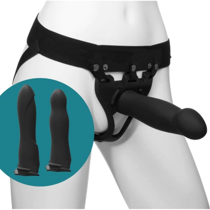 Body Extensions Be Ready Silicone Strap-On Harness with 3 Hollow Dildos image showing the harness and 3 different attachments.