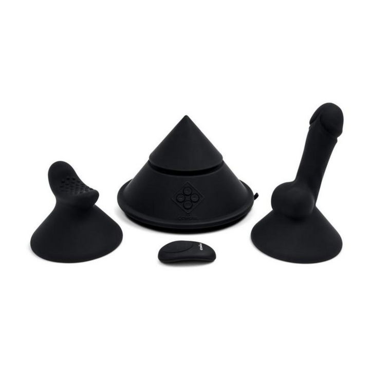Cowgirl Cone Premium Sex Machine with Remote and App Control image showing the base, saddle attachment, dildo attachment and the remote.